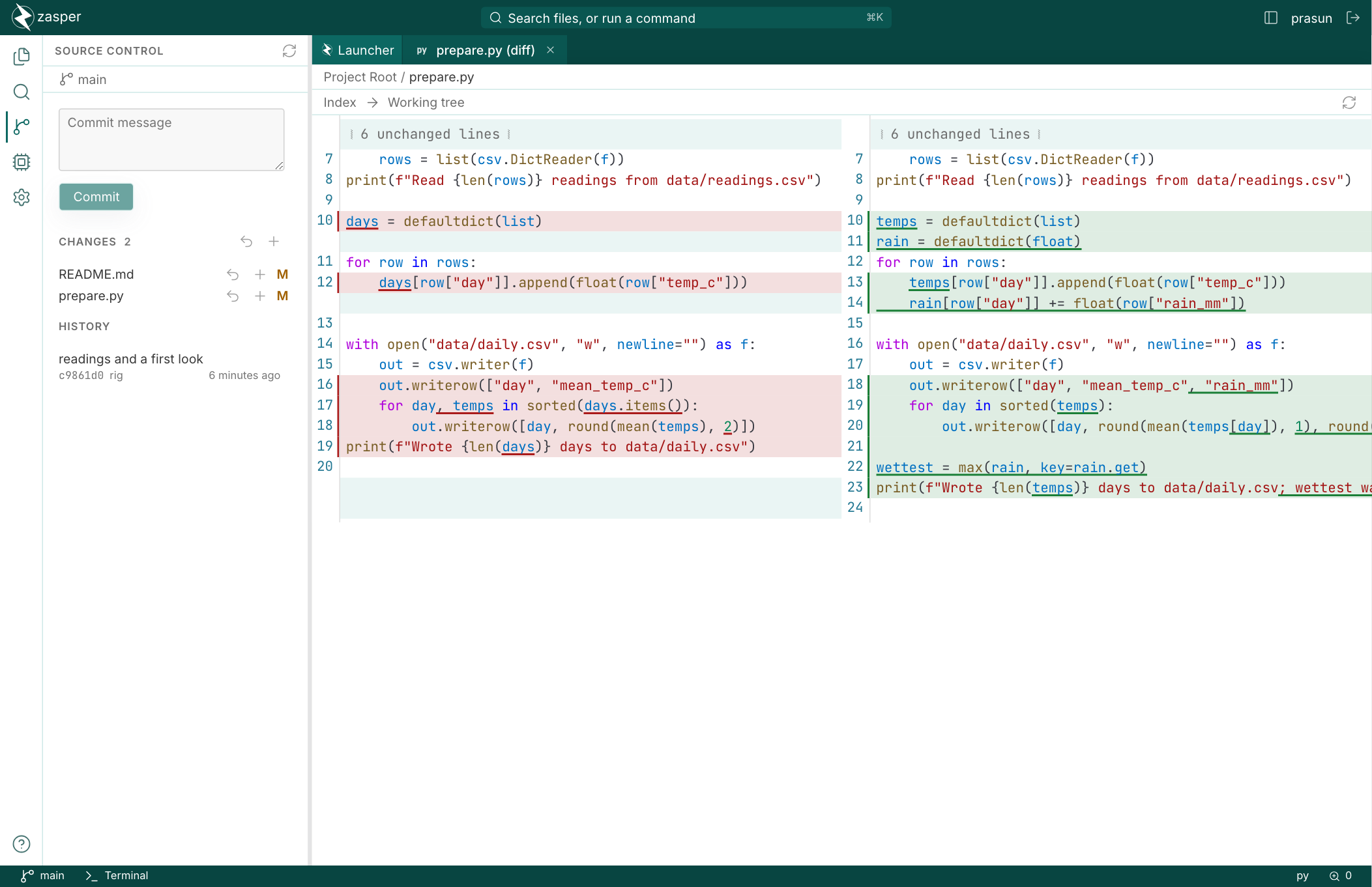 The source control panel listing two changed files, beside a side-by-side diff of one of them