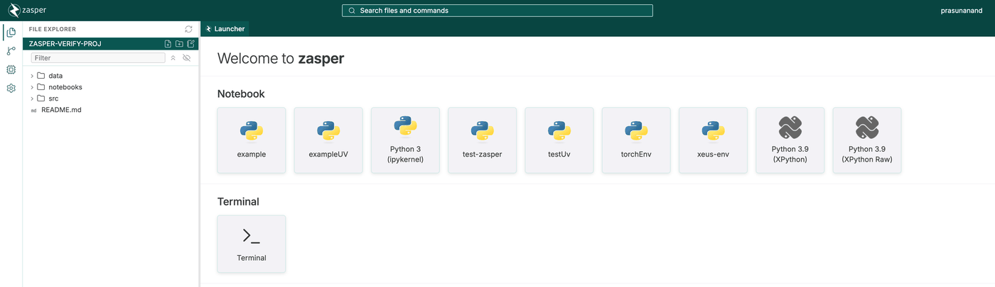 Zasper's file explorer beside the launcher, showing nine detected Python environments — including conda, uv and xeus kernels — each one click from a new notebook, and a Terminal tile below them.
