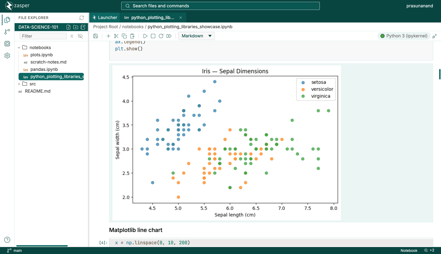 A Zasper notebook with a rendered chart output