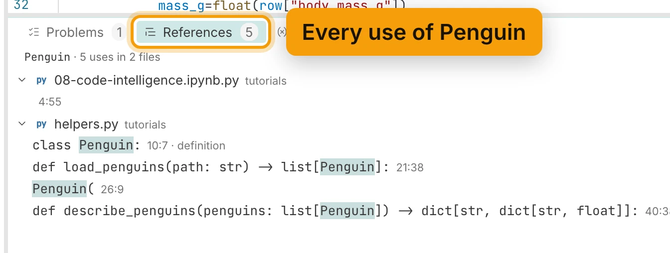 The References tab under the editor, ringed and labelled Every use of Penguin. It reads Penguin, 5 uses in 2 files: one in the notebook, and four in helpers.py, the first marked definition.