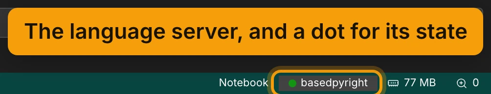 The right-hand end of the status bar. The item reading basedpyright, with a green dot, is ringed and labelled The language server, and a dot for its state.
