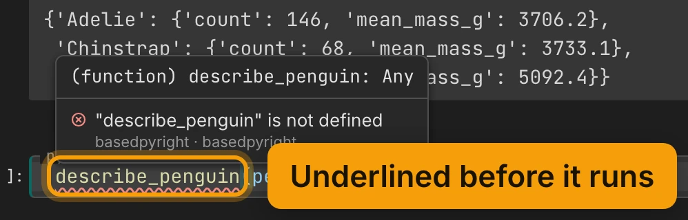 A new cell reading describe_penguin(penguins), with a red squiggle under describe_penguin. The card above it reads (function) describe_penguin: Any, then the problem: describe_penguin is not defined, from basedpyright. The name is ringed and labelled Underlined before it runs.