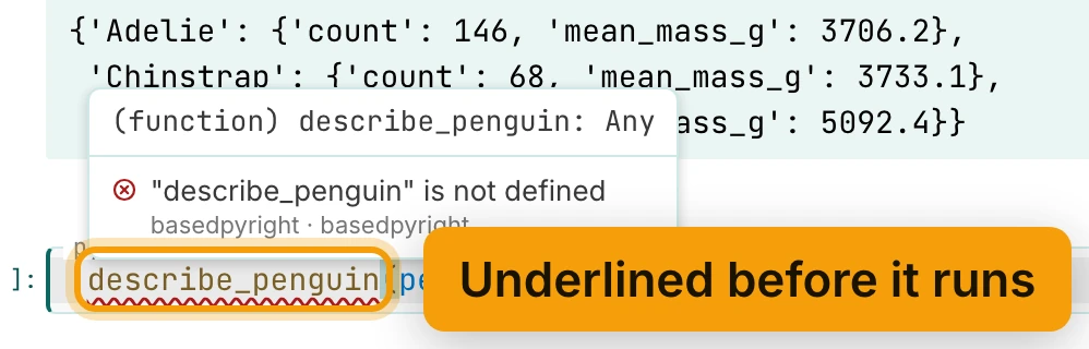 A new cell reading describe_penguin(penguins), with a red squiggle under describe_penguin. The card above it reads (function) describe_penguin: Any, then the problem: describe_penguin is not defined, from basedpyright. The name is ringed and labelled Underlined before it runs.