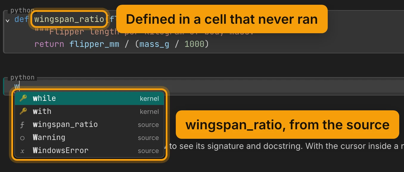 Two cells. The first defines wingspan_ratio and has never run; the name is ringed and labelled Defined in a cell that never ran. In the cell below, w is typed, and the completion list shows while and with tagged kernel, then wingspan_ratio, Warning and WindowsError tagged source. The list is ringed and labelled wingspan_ratio, from the source.