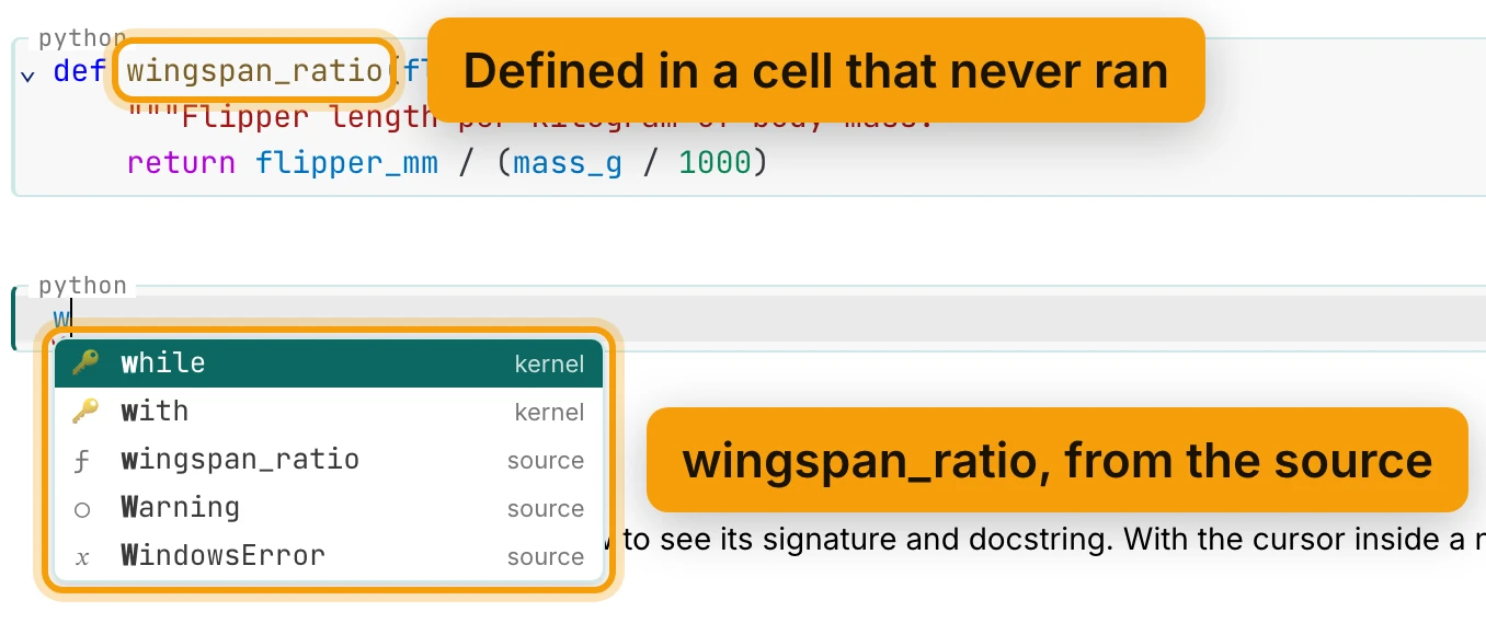Two cells. The first defines wingspan_ratio and has never run; the name is ringed and labelled Defined in a cell that never ran. In the cell below, w is typed, and the completion list shows while and with tagged kernel, then wingspan_ratio, Warning and WindowsError tagged source. The list is ringed and labelled wingspan_ratio, from the source.