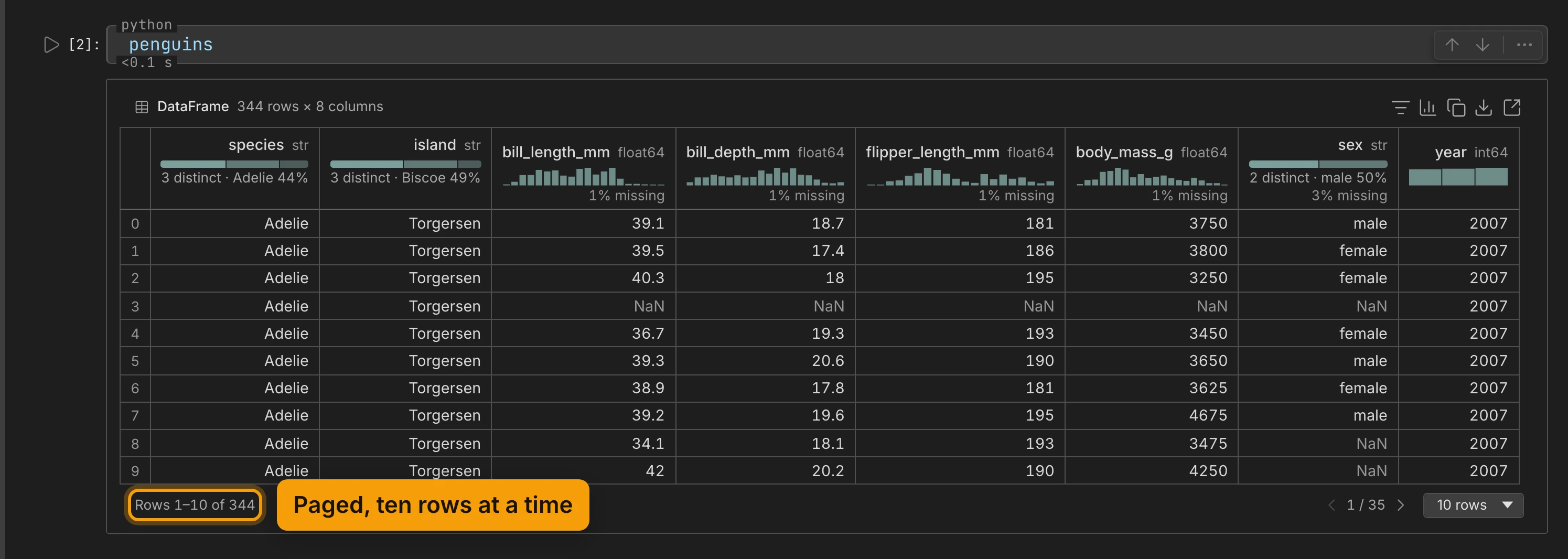 The penguins DataFrame as a grid: its top line reads DataFrame, 344 rows × 8 columns, each column's header shows its type and a small chart, and the foot reads Rows 1–10 of 344, ringed and labelled Paged, ten rows at a time.