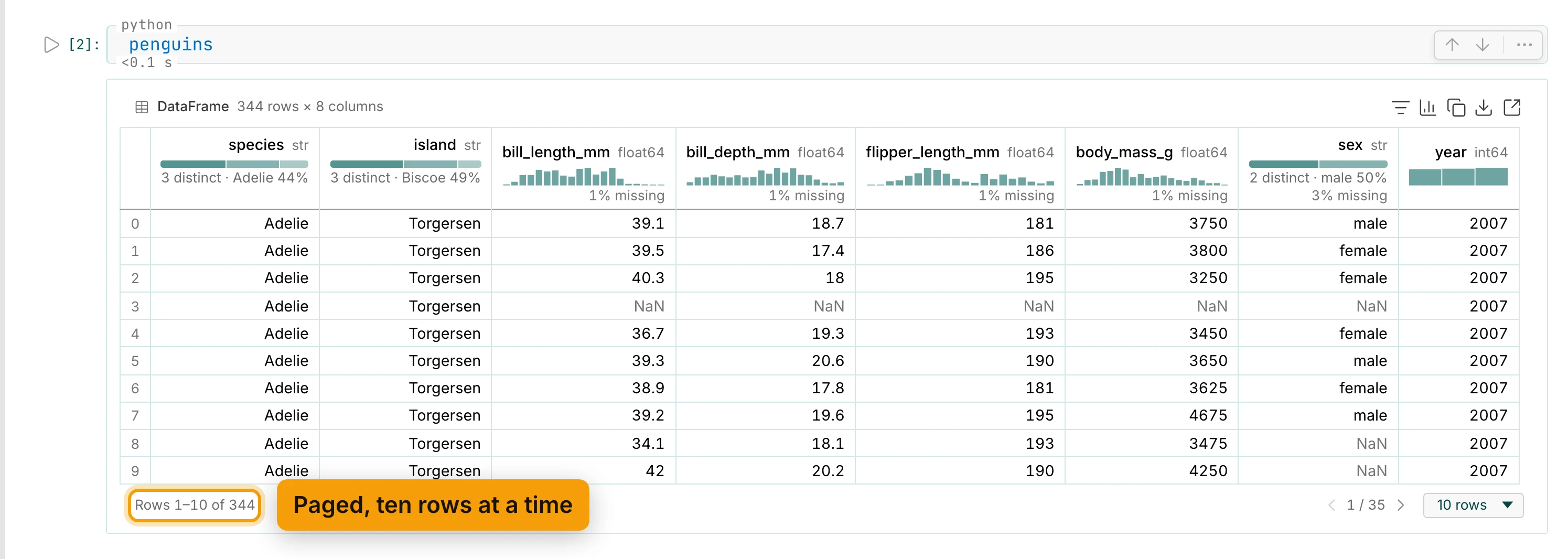 The penguins DataFrame as a grid: its top line reads DataFrame, 344 rows × 8 columns, each column's header shows its type and a small chart, and the foot reads Rows 1–10 of 344, ringed and labelled Paged, ten rows at a time.