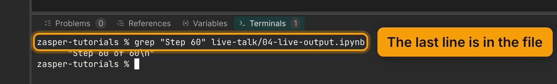 The Terminals tab of the dock. The grep command for Step 60 in live-talk/04-live-output.ipynb is ringed and labelled The last line is in the file. Below it, grep prints the line Step 60 of 60 as it is stored in the file.