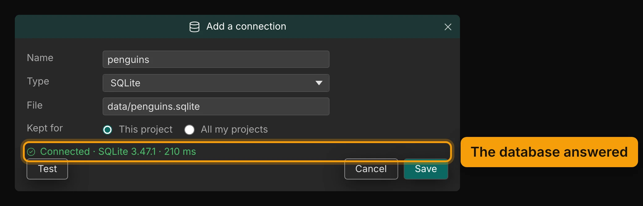 The Add a connection dialog: Name penguins, Type SQLite, File data/penguins.sqlite, Kept for This project. The line Connected · SQLite 3.47.1 · 210 ms is ringed and labelled The database answered, above the Test, Cancel and Save buttons.