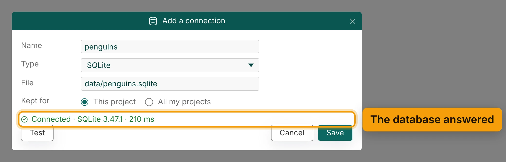 The Add a connection dialog: Name penguins, Type SQLite, File data/penguins.sqlite, Kept for This project. The line Connected · SQLite 3.47.1 · 210 ms is ringed and labelled The database answered, above the Test, Cancel and Save buttons.