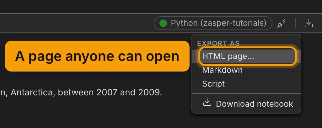 The end of the notebook toolbar: the kernel pill reading Python (zasper-tutorials), then the Export button with its menu open. Under the heading Export as, the menu lists HTML page…, Markdown and Script, then Download notebook below a line. HTML page… is ringed and labelled A page anyone can open.