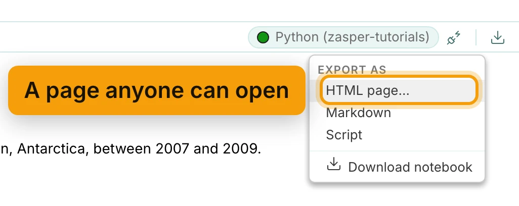 The end of the notebook toolbar: the kernel pill reading Python (zasper-tutorials), then the Export button with its menu open. Under the heading Export as, the menu lists HTML page…, Markdown and Script, then Download notebook below a line. HTML page… is ringed and labelled A page anyone can open.