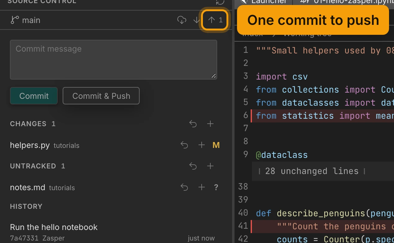 Source control after the commit. The Push button beside main shows 1 and is ringed, labelled One commit to push. The message box is empty, Staged is gone, helpers.py is still under Changes and notes.md under Untracked, and History begins with Run the hello notebook.