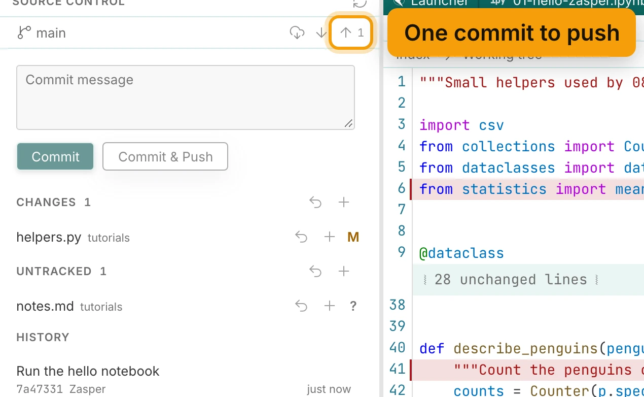 Source control after the commit. The Push button beside main shows 1 and is ringed, labelled One commit to push. The message box is empty, Staged is gone, helpers.py is still under Changes and notes.md under Untracked, and History begins with Run the hello notebook.