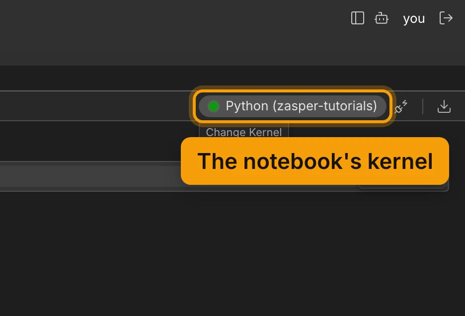 The right-hand end of a notebook's toolbar: a pill reading Python (zasper-tutorials) with a green dot, ringed and labelled The notebook's kernel. Its tooltip reads Change Kernel.