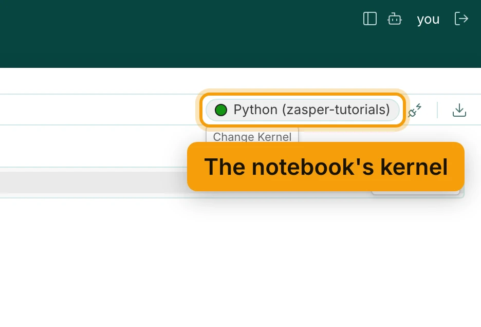 The right-hand end of a notebook's toolbar: a pill reading Python (zasper-tutorials) with a green dot, ringed and labelled The notebook's kernel. Its tooltip reads Change Kernel.