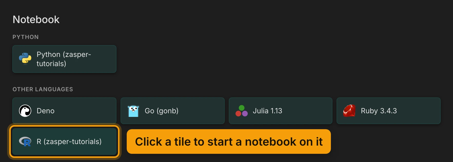 The Launcher's Notebook section. Under Python, one tile: Python (zasper-tutorials). Under Other languages, tiles for Deno, Go (gonb), Julia 1.13, Ruby 3.4.3 and R (zasper-tutorials). The R tile is ringed and labelled Click a tile to start a notebook on it.