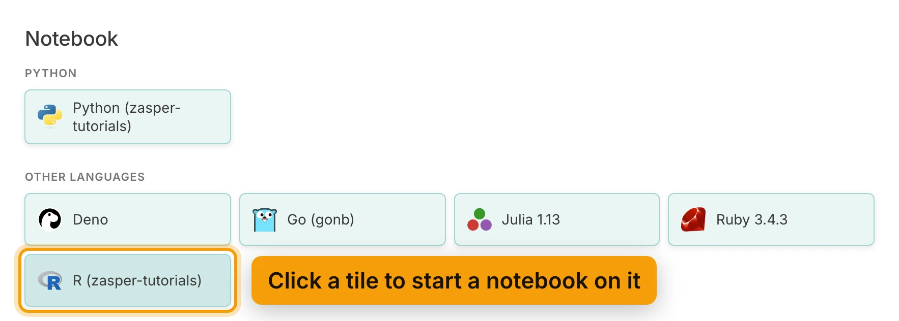 The Launcher's Notebook section. Under Python, one tile: Python (zasper-tutorials). Under Other languages, tiles for Deno, Go (gonb), Julia 1.13, Ruby 3.4.3 and R (zasper-tutorials). The R tile is ringed and labelled Click a tile to start a notebook on it.