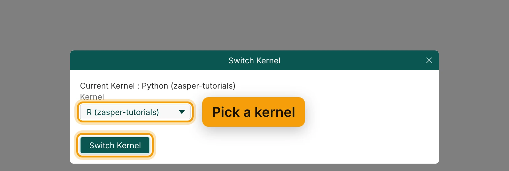 The Switch Kernel dialog. Current Kernel: Python (zasper-tutorials). The Kernel list is set to R (zasper-tutorials) and ringed, labelled Pick a kernel. The Switch Kernel button below it is ringed too.