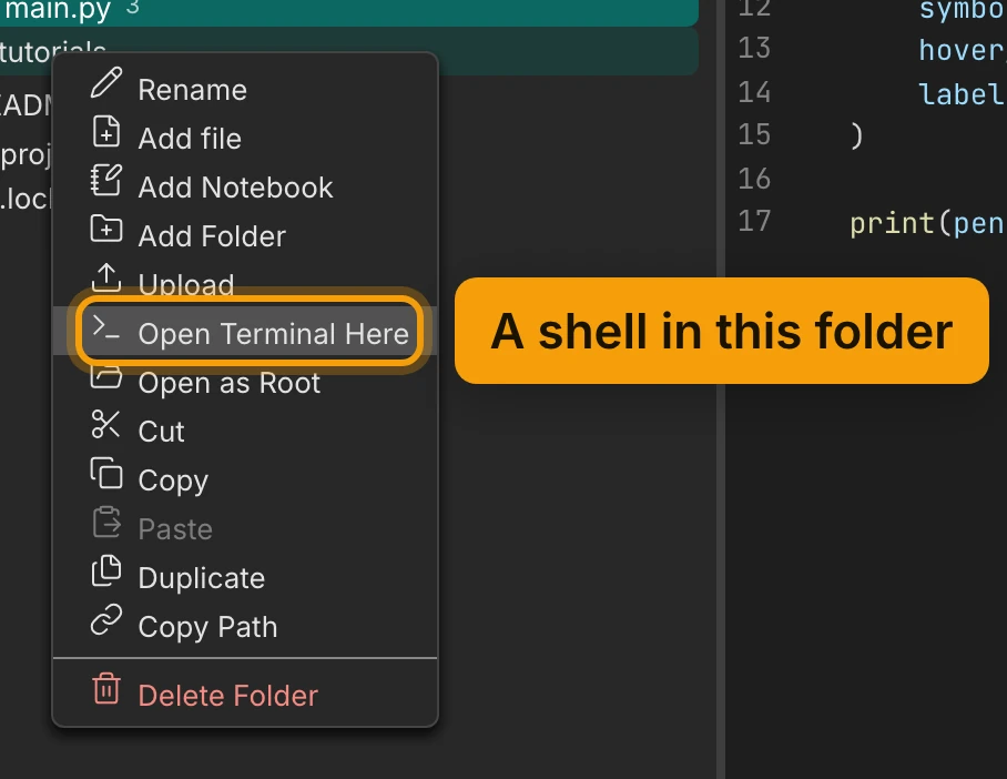 The right-click menu of the tutorials folder in the file explorer: Rename, Add file, Add Notebook, Add Folder, Upload, Open Terminal Here, Open as Root, Cut, Copy, Paste, Duplicate, Copy Path and Delete Folder. Open Terminal Here is ringed and labelled A shell in this folder.