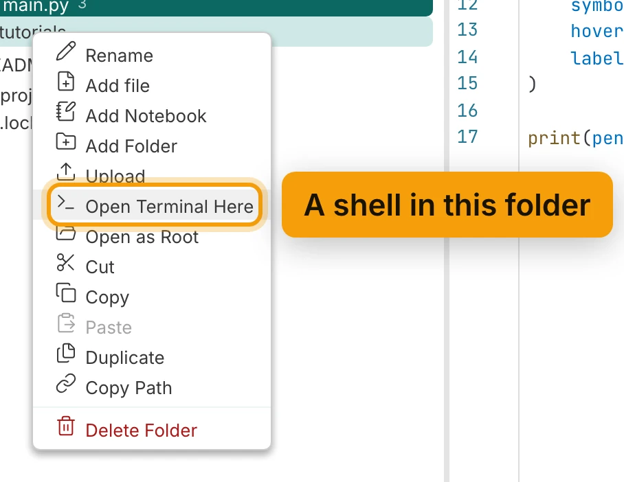 The right-click menu of the tutorials folder in the file explorer: Rename, Add file, Add Notebook, Add Folder, Upload, Open Terminal Here, Open as Root, Cut, Copy, Paste, Duplicate, Copy Path and Delete Folder. Open Terminal Here is ringed and labelled A shell in this folder.