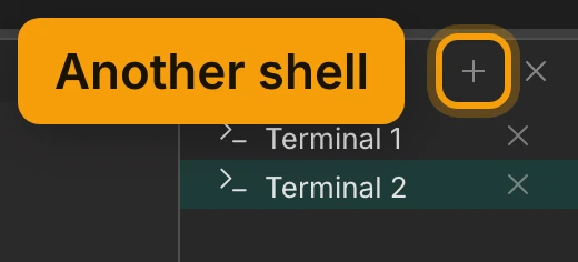 The right-hand end of the Terminals panel: the + button, ringed and labelled Another shell, and below it a list of Terminal 1 and Terminal 2, each with a close button. Terminal 2 is selected.