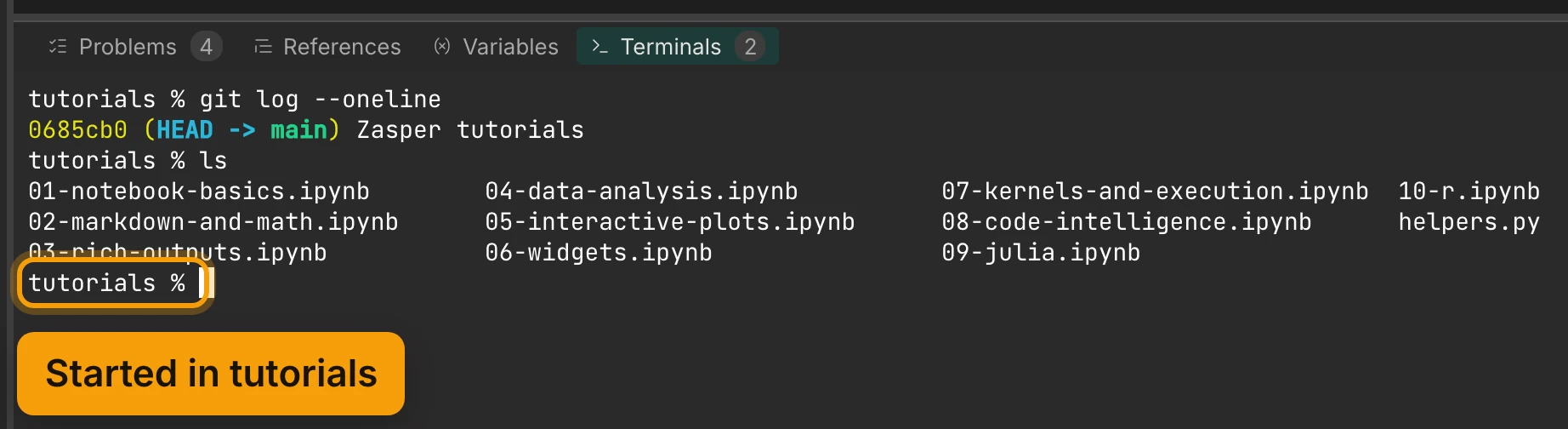 The Terminals tab of the panel under the editor, with a count of 2. The prompt reads tutorials %. git log --oneline shows one commit, Zasper tutorials, and ls lists the tutorial notebooks and helpers.py. The last prompt is ringed and labelled Started in tutorials.