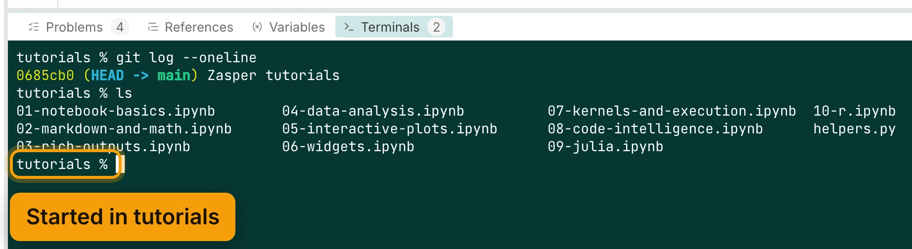 The Terminals tab of the panel under the editor, with a count of 2. The prompt reads tutorials %. git log --oneline shows one commit, Zasper tutorials, and ls lists the tutorial notebooks and helpers.py. The last prompt is ringed and labelled Started in tutorials.