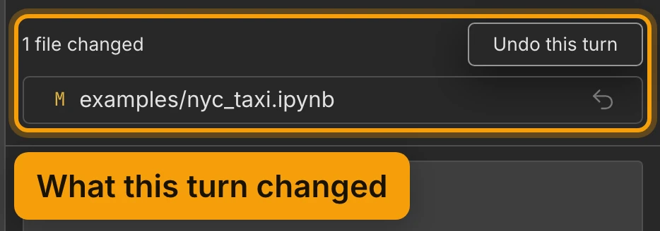 Under the agent's turn: 1 file changed, examples/nyc_taxi.ipynb marked M, with an Undo this turn button.