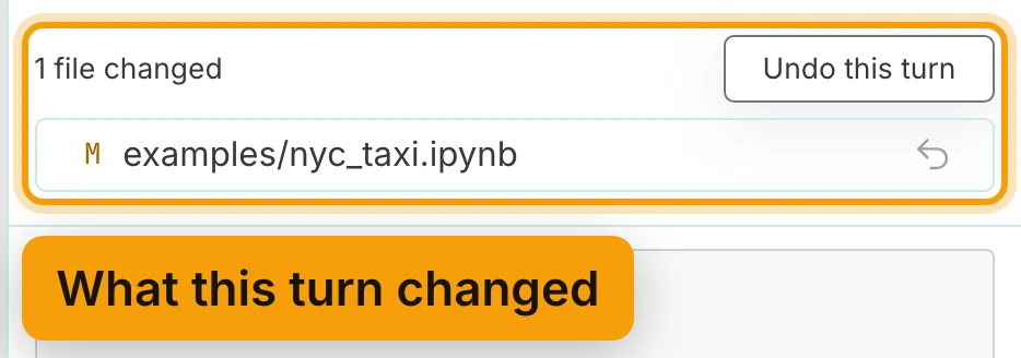 Under the agent's turn: 1 file changed, examples/nyc_taxi.ipynb marked M, with an Undo this turn button.