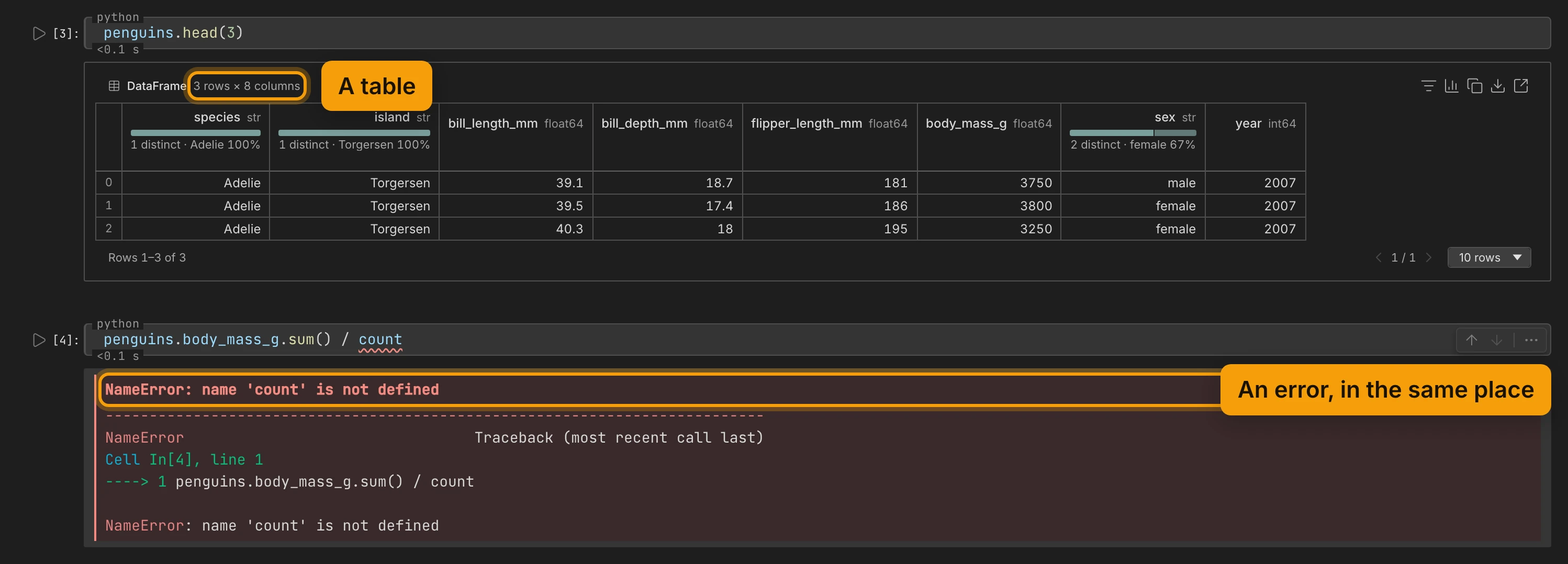 The cell penguins.head(3) and its output: a DataFrame of 3 rows × 8 columns, the size ringed and labelled A table. Under the next cell, penguins.body_mass_g.sum() / count, a NameError: name 'count' is not defined, with its traceback, ringed and labelled An error, in the same place.