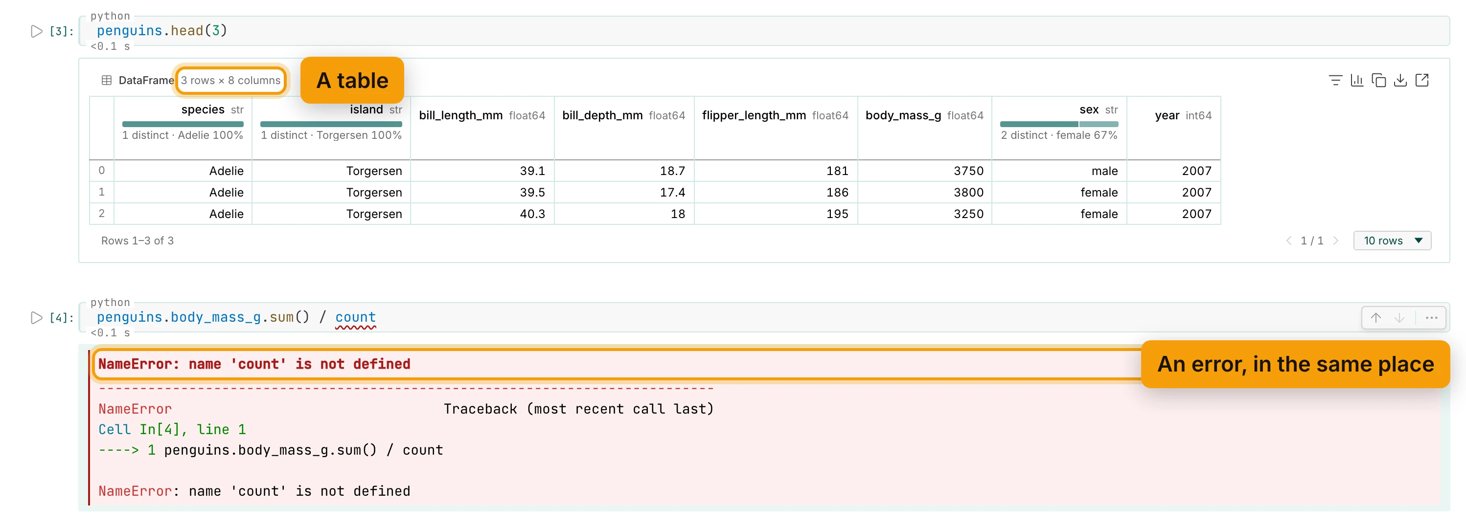 The cell penguins.head(3) and its output: a DataFrame of 3 rows × 8 columns, the size ringed and labelled A table. Under the next cell, penguins.body_mass_g.sum() / count, a NameError: name 'count' is not defined, with its traceback, ringed and labelled An error, in the same place.