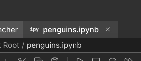 The penguins.ipynb tab after saving, with no dot after its name.