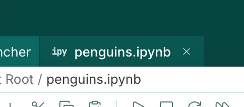 The penguins.ipynb tab after saving, with no dot after its name.