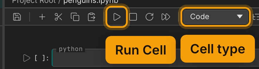 The left of the notebook's toolbar. The play button is ringed and labelled Run Cell, and the Cell type picker, showing Code, is ringed and labelled Cell type.