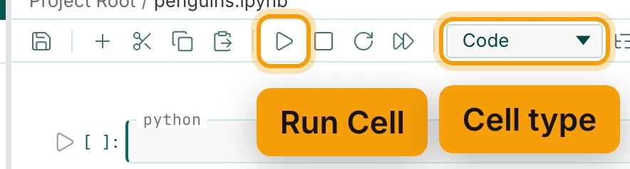 The left of the notebook's toolbar. The play button is ringed and labelled Run Cell, and the Cell type picker, showing Code, is ringed and labelled Cell type.