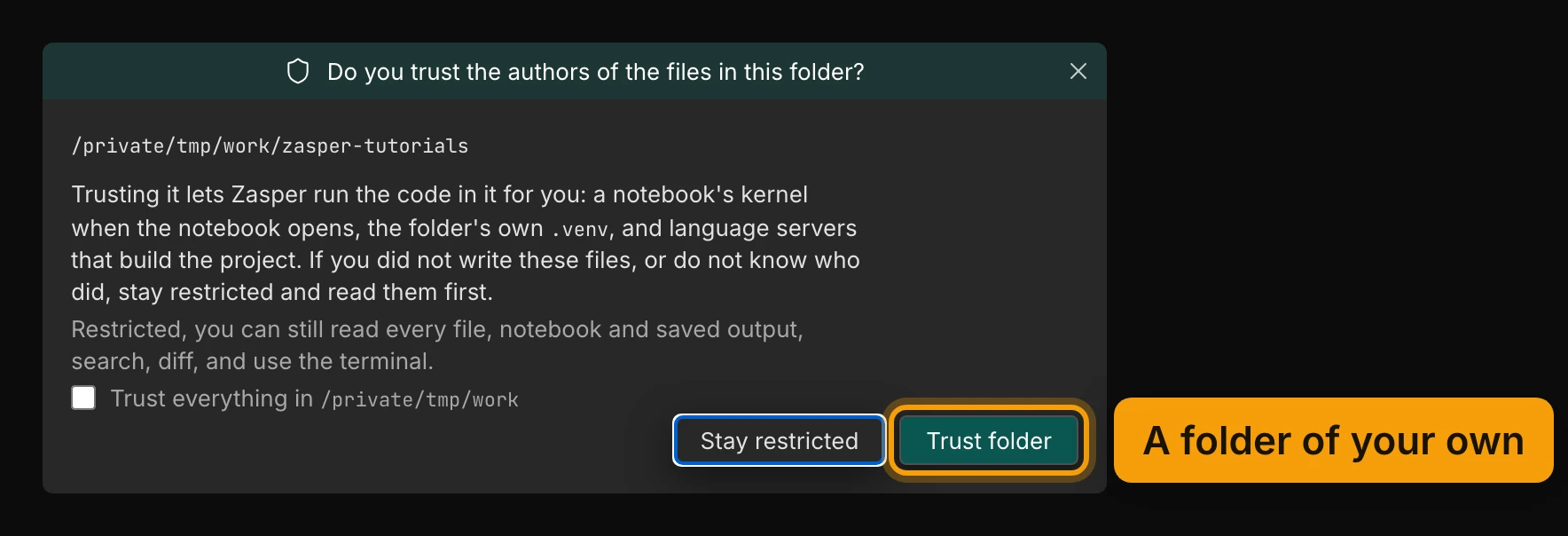 The dialog Do you trust the authors of the files in this folder?, showing the folder's path, what trusting it lets Zasper run, a box for Trust everything in the folder above, and the buttons Stay restricted and Trust folder. Trust folder is ringed and labelled A folder of your own.