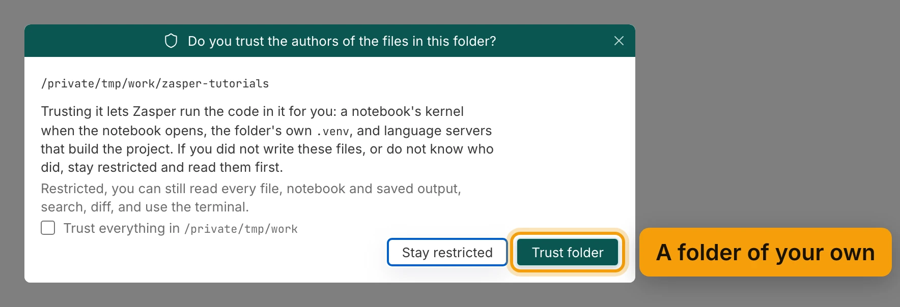 The dialog Do you trust the authors of the files in this folder?, showing the folder's path, what trusting it lets Zasper run, a box for Trust everything in the folder above, and the buttons Stay restricted and Trust folder. Trust folder is ringed and labelled A folder of your own.